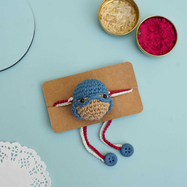 Handmade Crochet Captain America Kids Rakhi With Roli Chawal