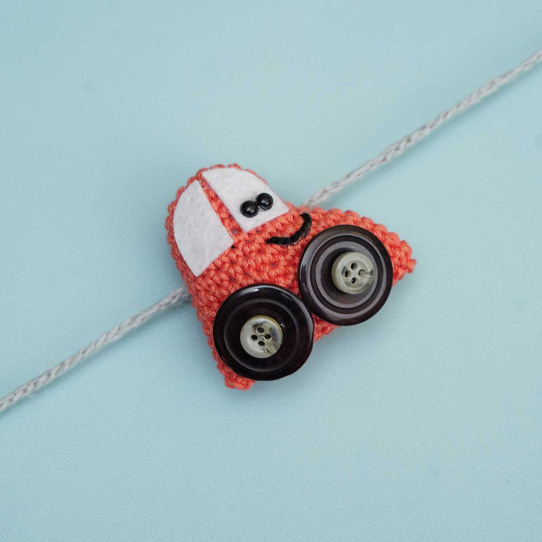 Handmade Crochet Crazy Cars Kids Rakhi With Roli Chawal