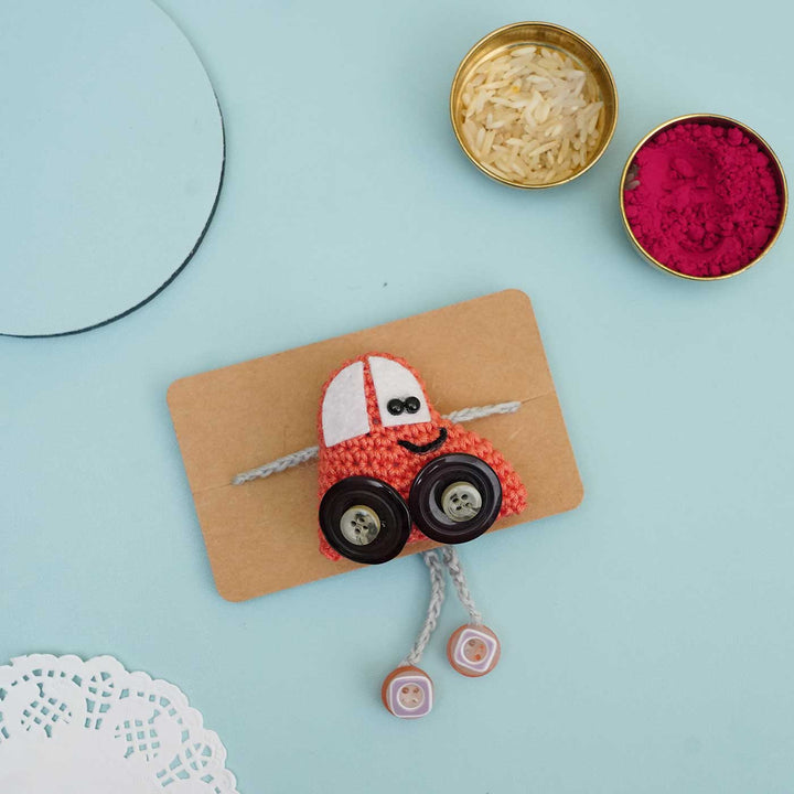 Handmade Crochet Crazy Cars Kids Rakhi With Roli Chawal