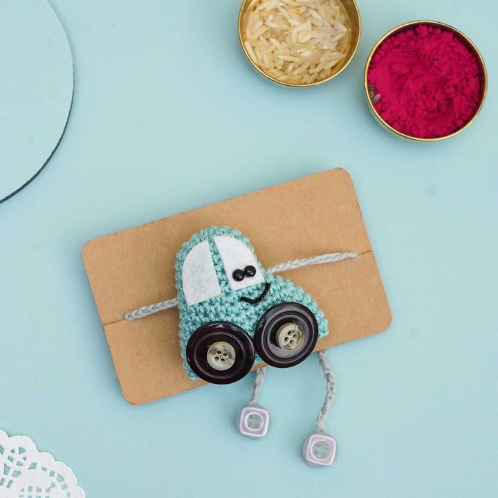 Handmade Crochet Crazy Cars Kids Rakhi With Roli Chawal