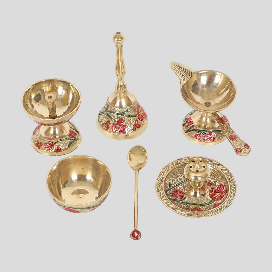 Handmade Floral Brass Puja Thali | Set of 8