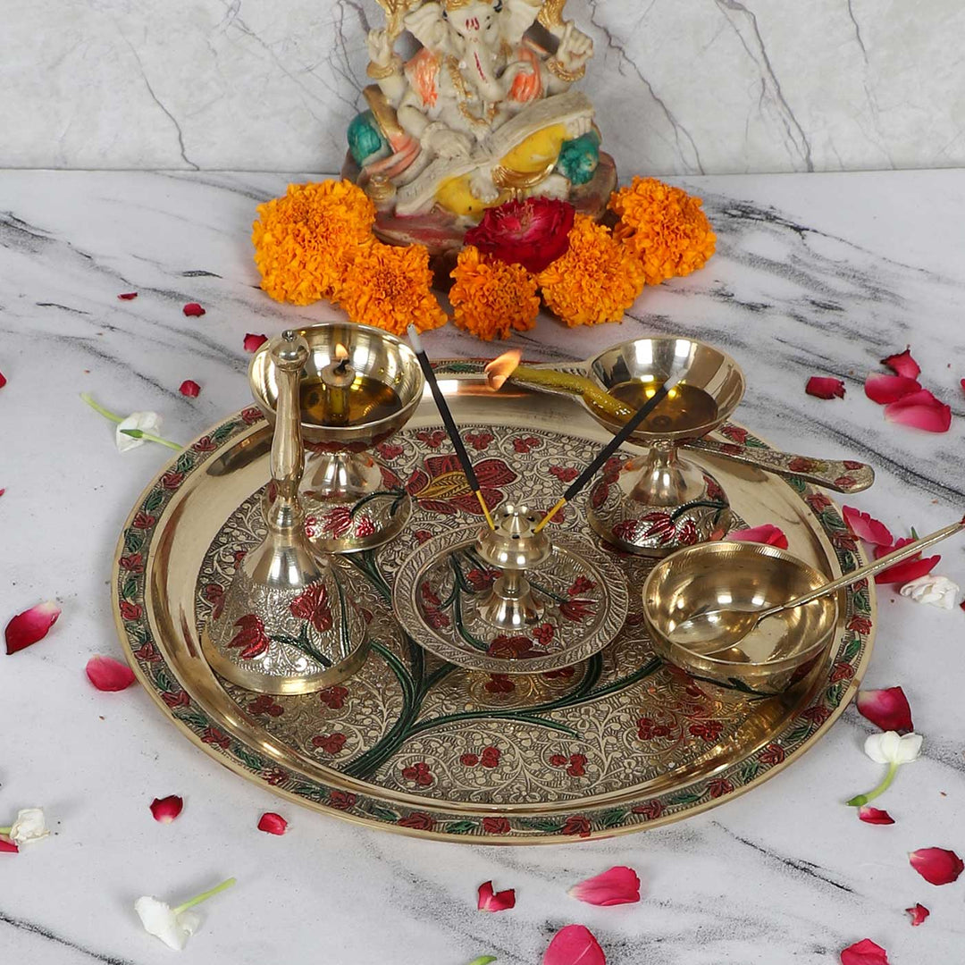 Handmade Floral Brass Puja Thali | Set of 8