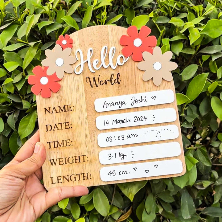 Personalized Hello World Baby Announcement MDF Wood Name Plate