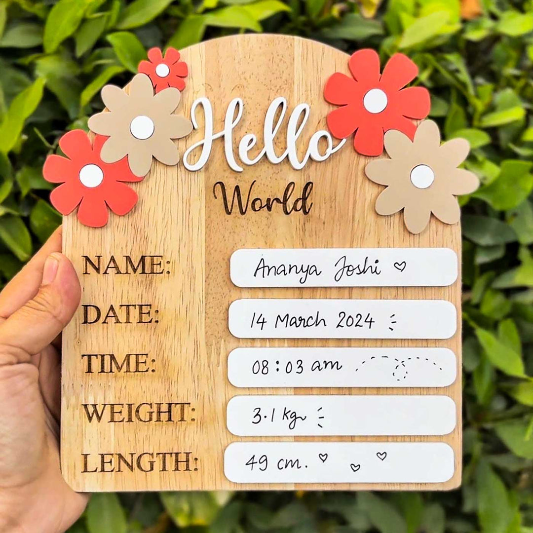 Personalized Hello World Baby Announcement MDF Wood Name Plate