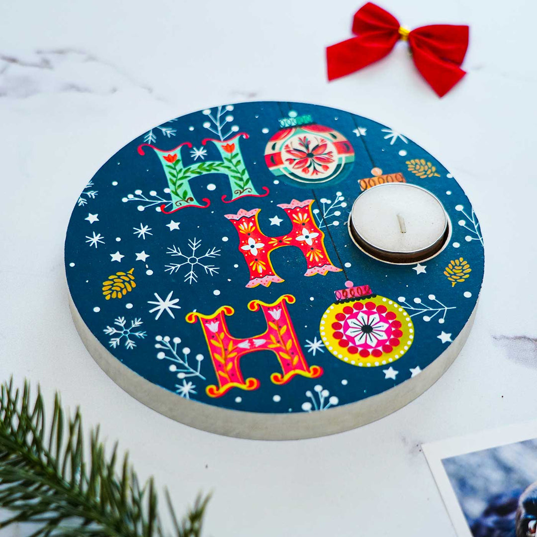 Hand-Painted "Ho Ho Ho Celebration" Mdf Wood Tealight Holders For Christmas Decoration