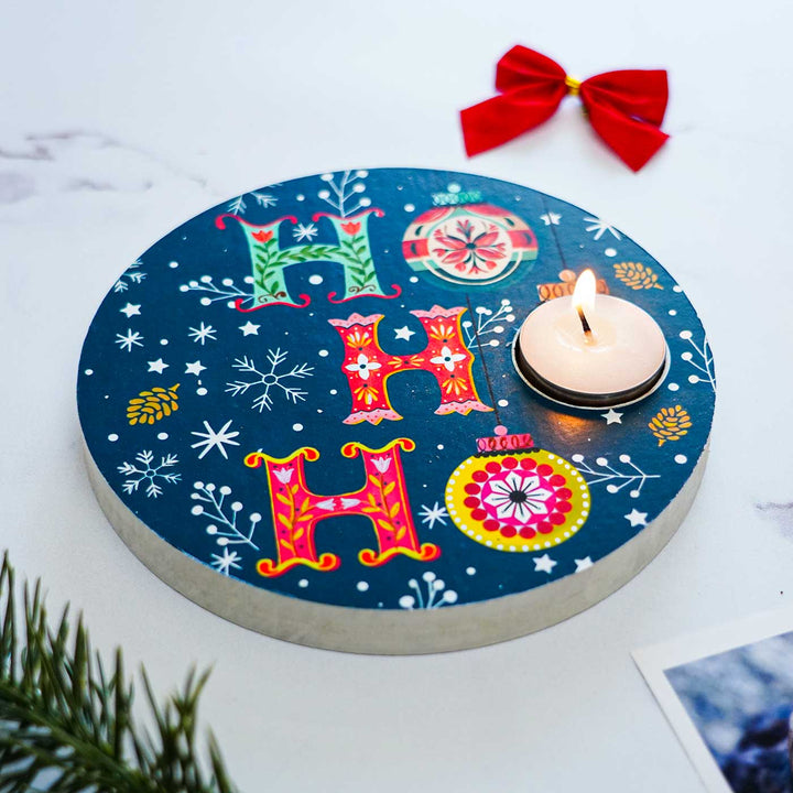 Hand-Painted "Ho Ho Ho Celebration" Mdf Wood Tealight Holders For Christmas Decoration