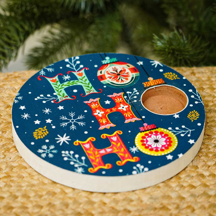 Hand-Painted "Ho Ho Ho Celebration" Mdf Wood Tealight Holders For Christmas Decoration