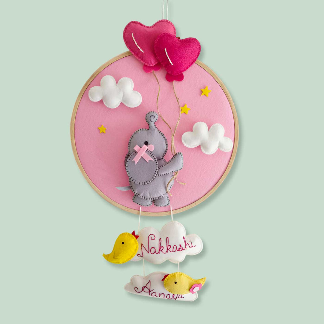 Personalized Elephant Theme Felt Hoop Name Plate For Siblings