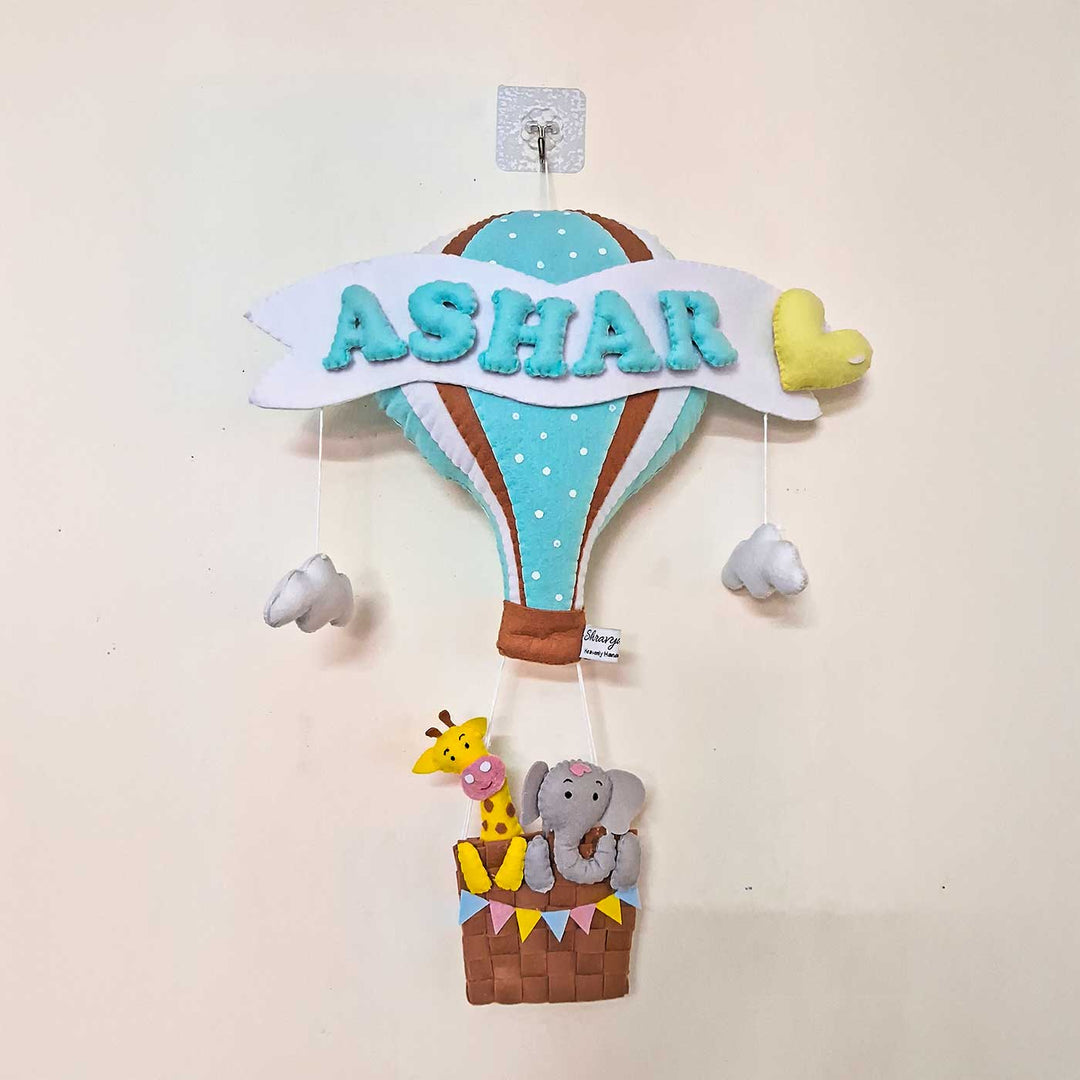 Personalized Elephant And Giraffe In Hot Air Balloon Felt Kids Name Plate For Kids