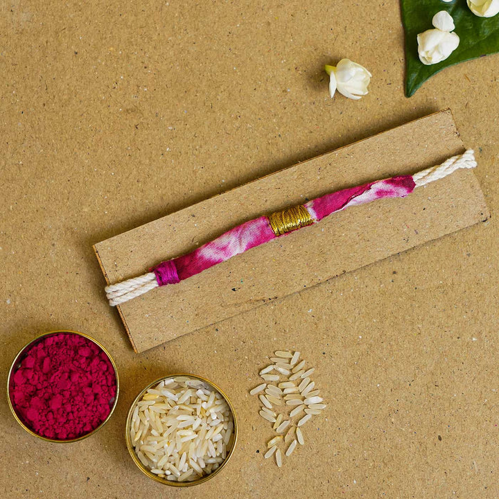 Handmade Tie & Dye Pink Fabric Rakhi With Roli Chawal