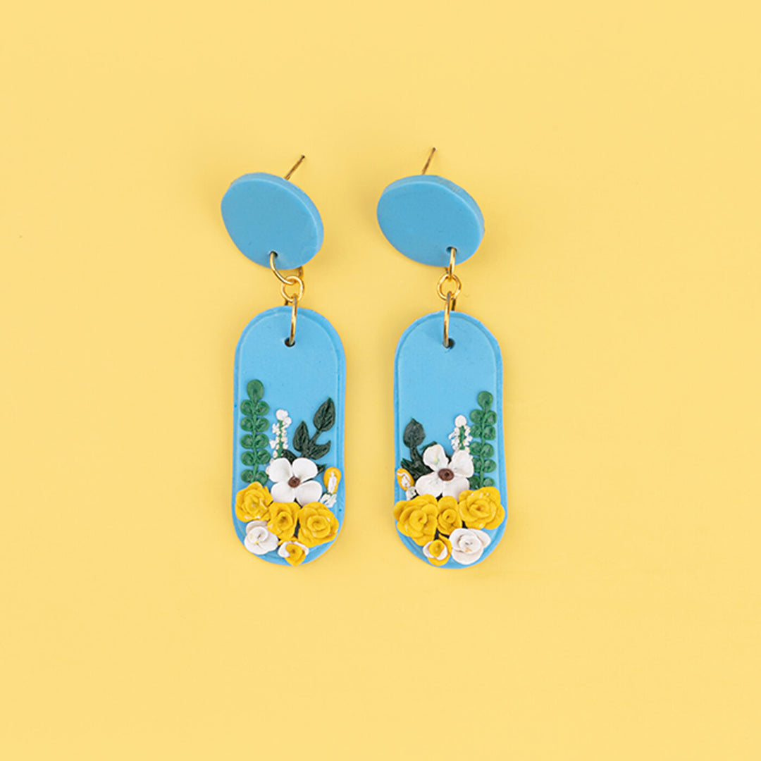 Handcrafted Clay Blue Floral Earrings