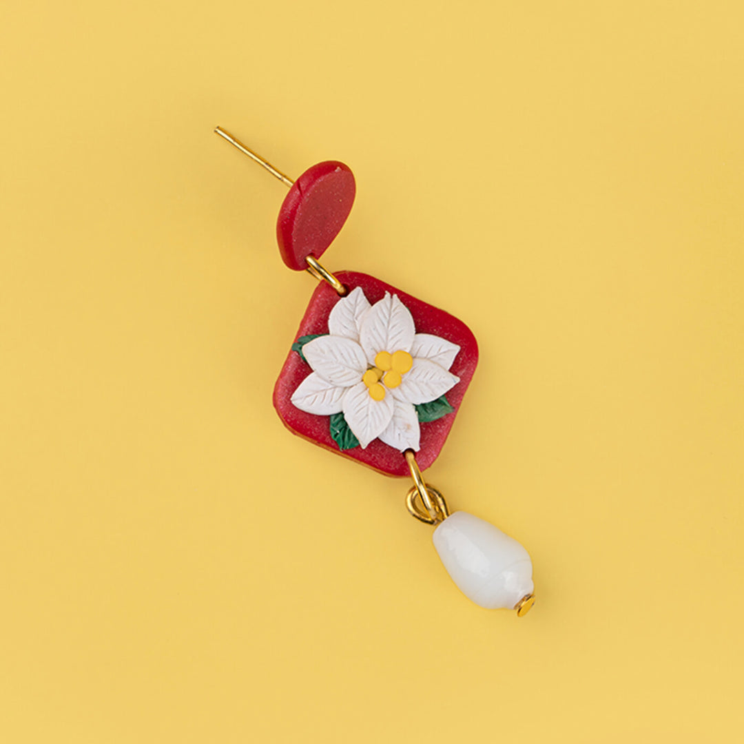 Handcrafted Clay Red & White Floral Earrings