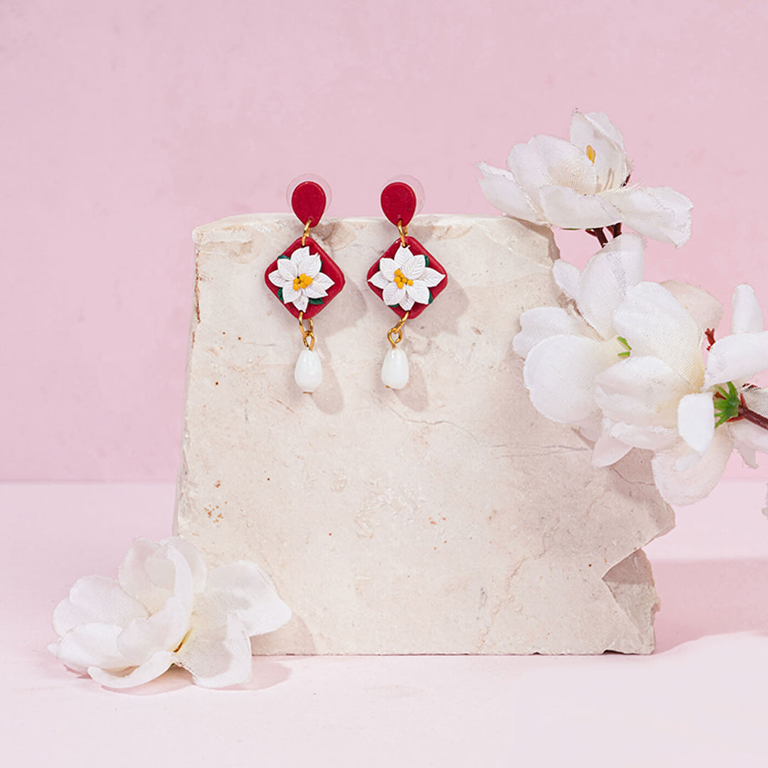 Handcrafted Clay Red & White Floral Earrings