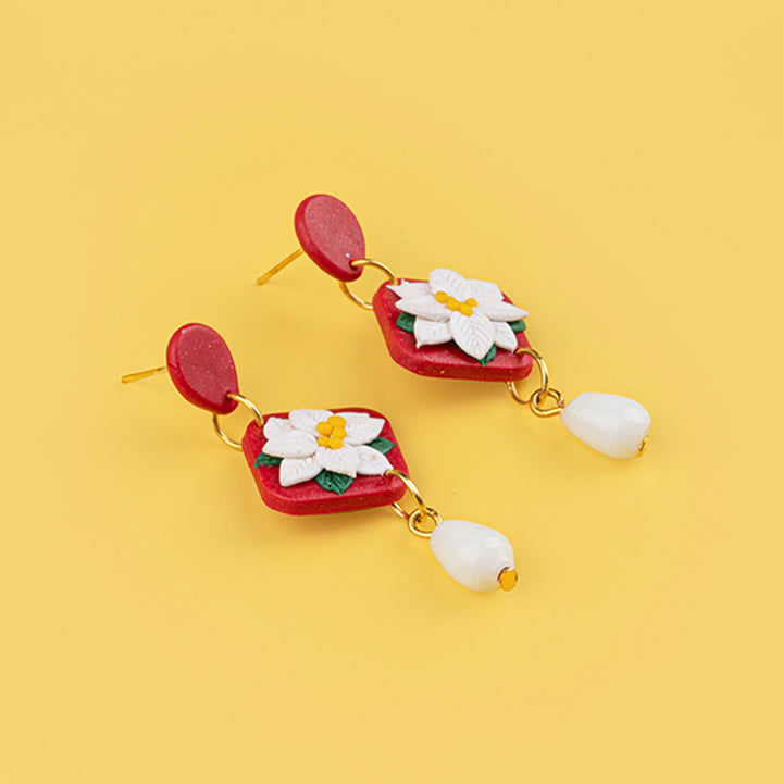 Handcrafted Clay Red & White Floral Earrings