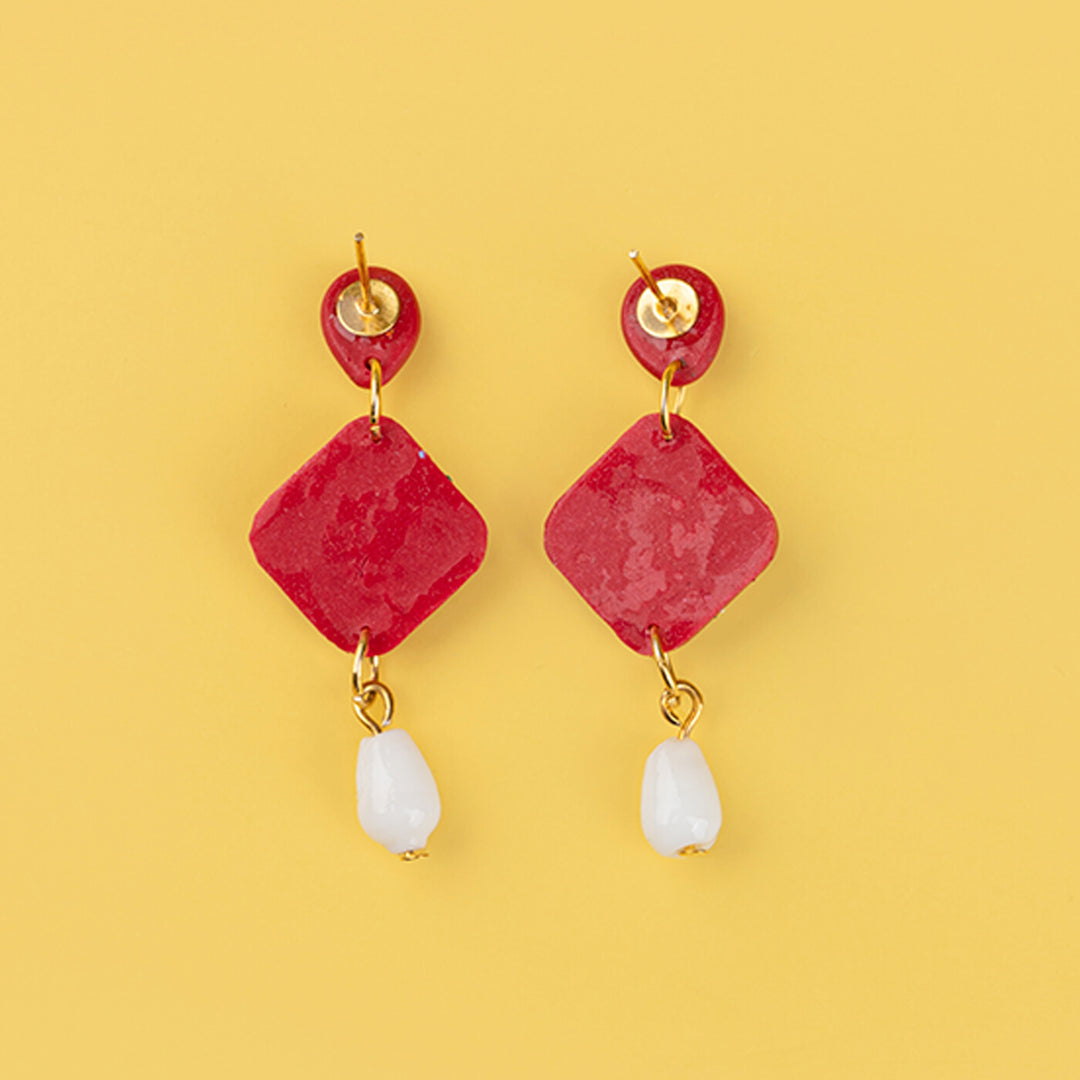 Handcrafted Clay Red & White Floral Earrings