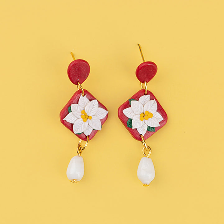 Handcrafted Clay Red & White Floral Earrings