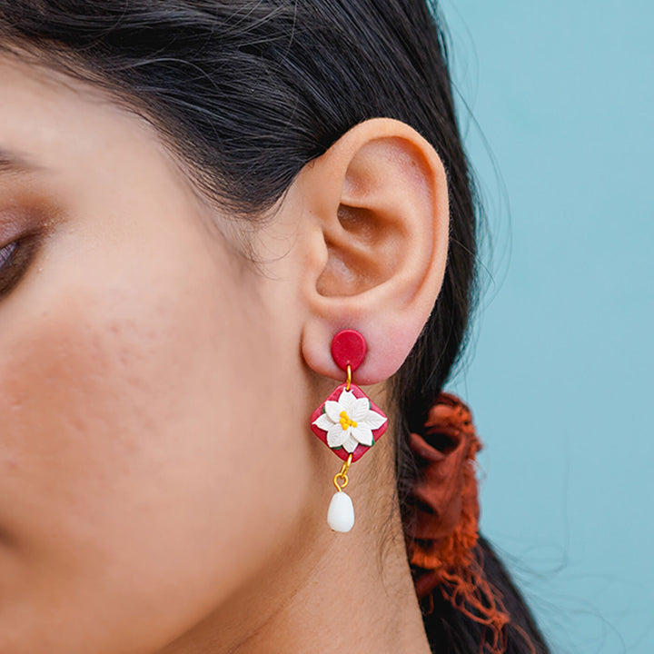 Handcrafted Clay Red & White Floral Earrings