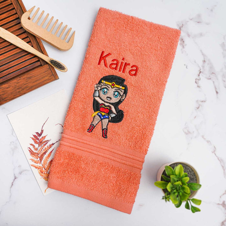 Personalized Embroidered Wonder Woman Design Cotton Hand Towel