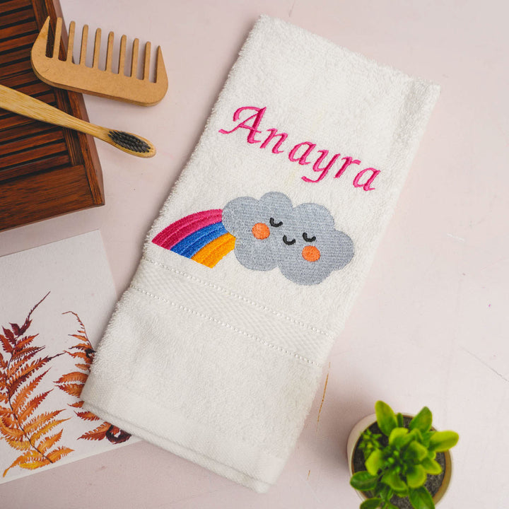 Personalized Embroidered Cloud & Rainbow Design Cotton Hand Towel