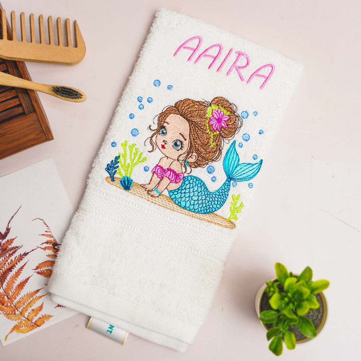 Personalized Embroidered Mermaid Design Cotton Hand Towel