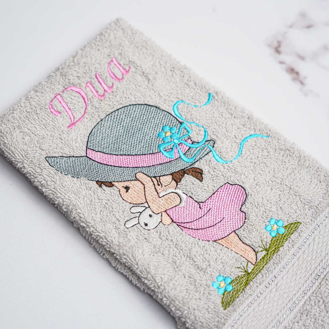 Personalized Embroidered Girl With A Hat Design Cotton Hand Towel