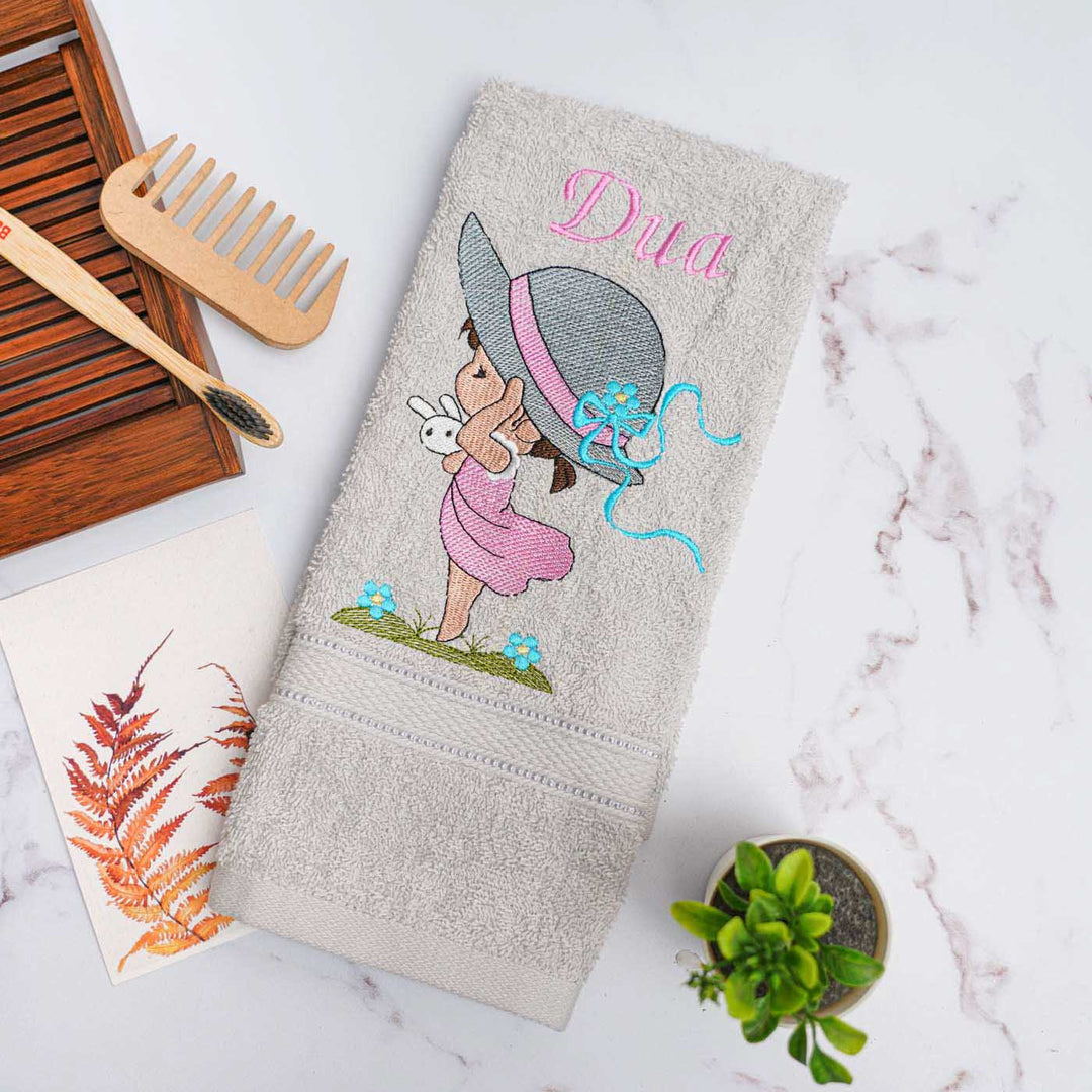 Personalized Embroidered Girl With A Hat Design Cotton Hand Towel