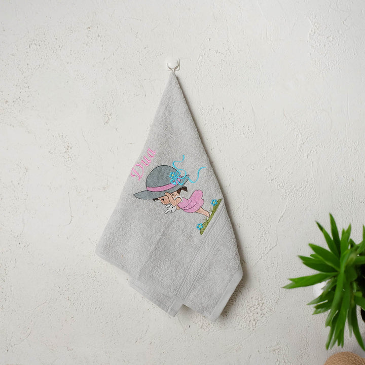 Personalized Embroidered Girl With A Hat Design Cotton Hand Towel