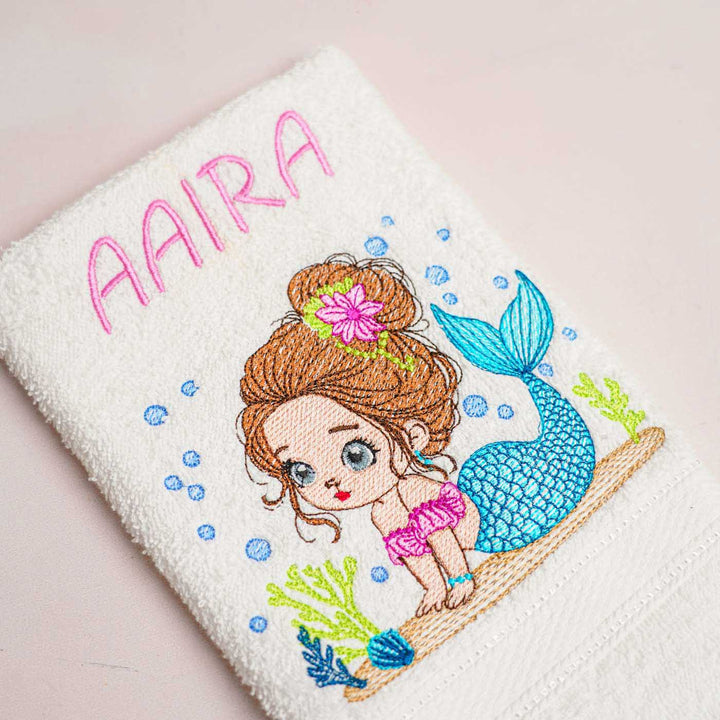 Personalized Embroidered Mermaid Design Cotton Hand Towel