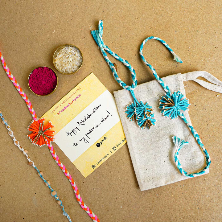 Reusable Beaded Orange Flower Rakhi With Roli Chawal