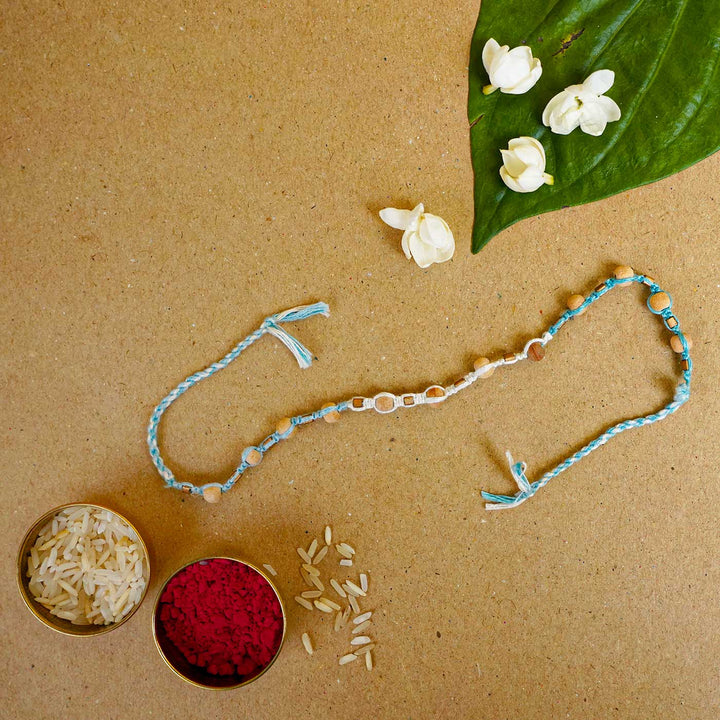 Reusable Beaded Blue Wooden Bead Rakhi With Roli Chawal