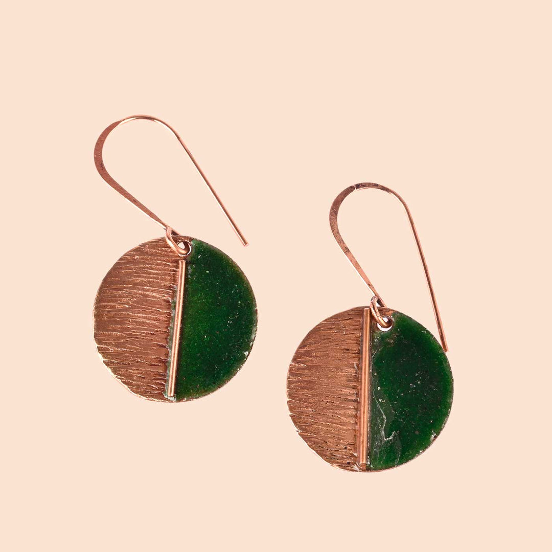 Hand Crafted Green Copper Enamel Kakan Earrings