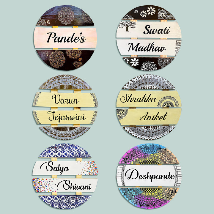 Handcrafted Personalized Mandala Round Pinewood Nameplate