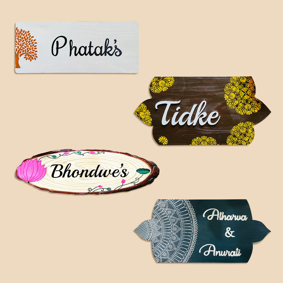 Handcrafted Personalized Mandala Curvy Border Pinewood Nameplate