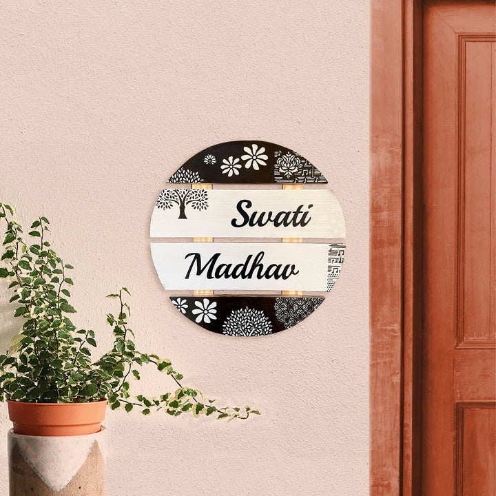 Handcrafted Personalized Round Pinewood Textured Nameplate