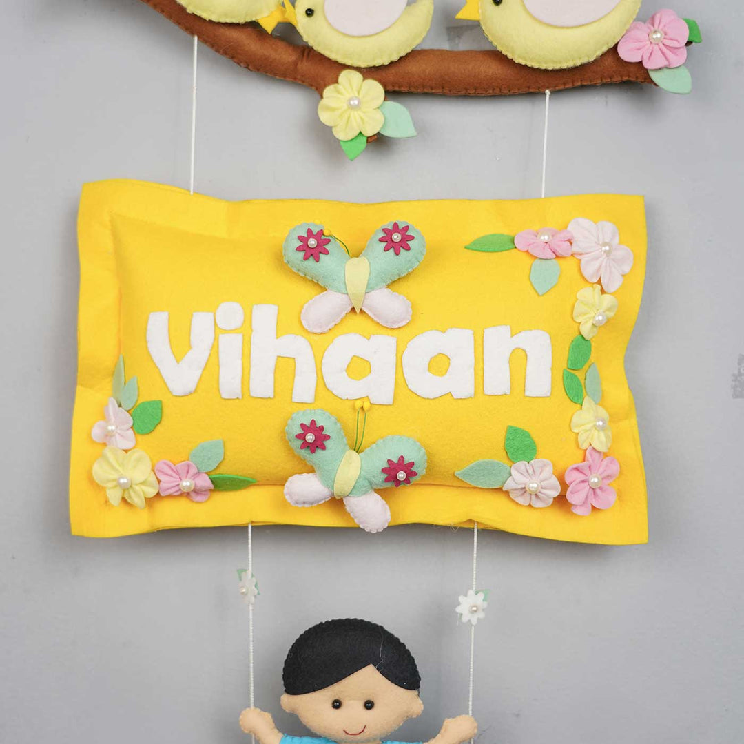 Hand-stitched Pillow & Bird Themed Felt Kids Nameplate with Swing