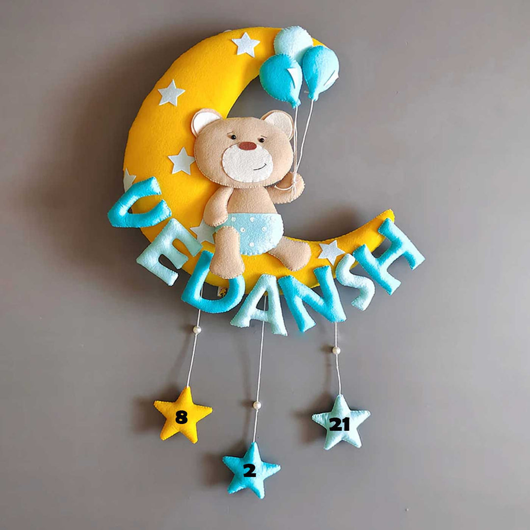 Hand-stitched Teddy Themed Felt Moon Nameplate with Birthdate For Kids