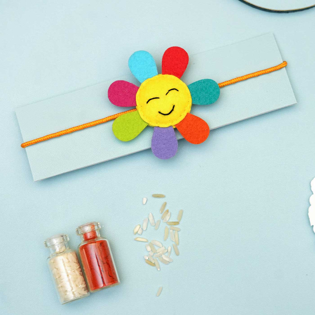 Handmade Sunflower Felt Kids Rakhi With Roli Chawal