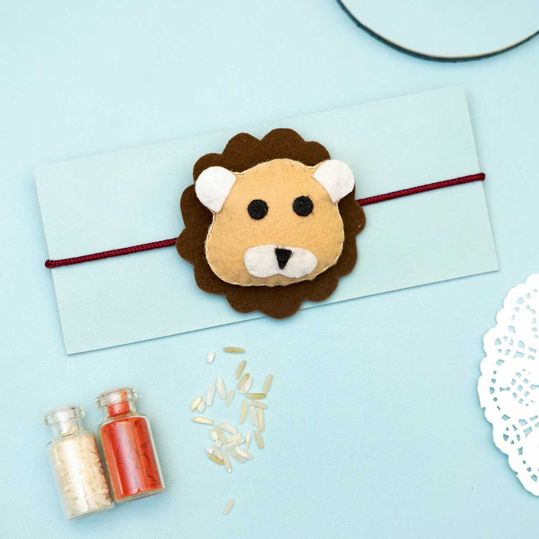 Handmade Lion Felt Kids Rakhi With Roli Chawal