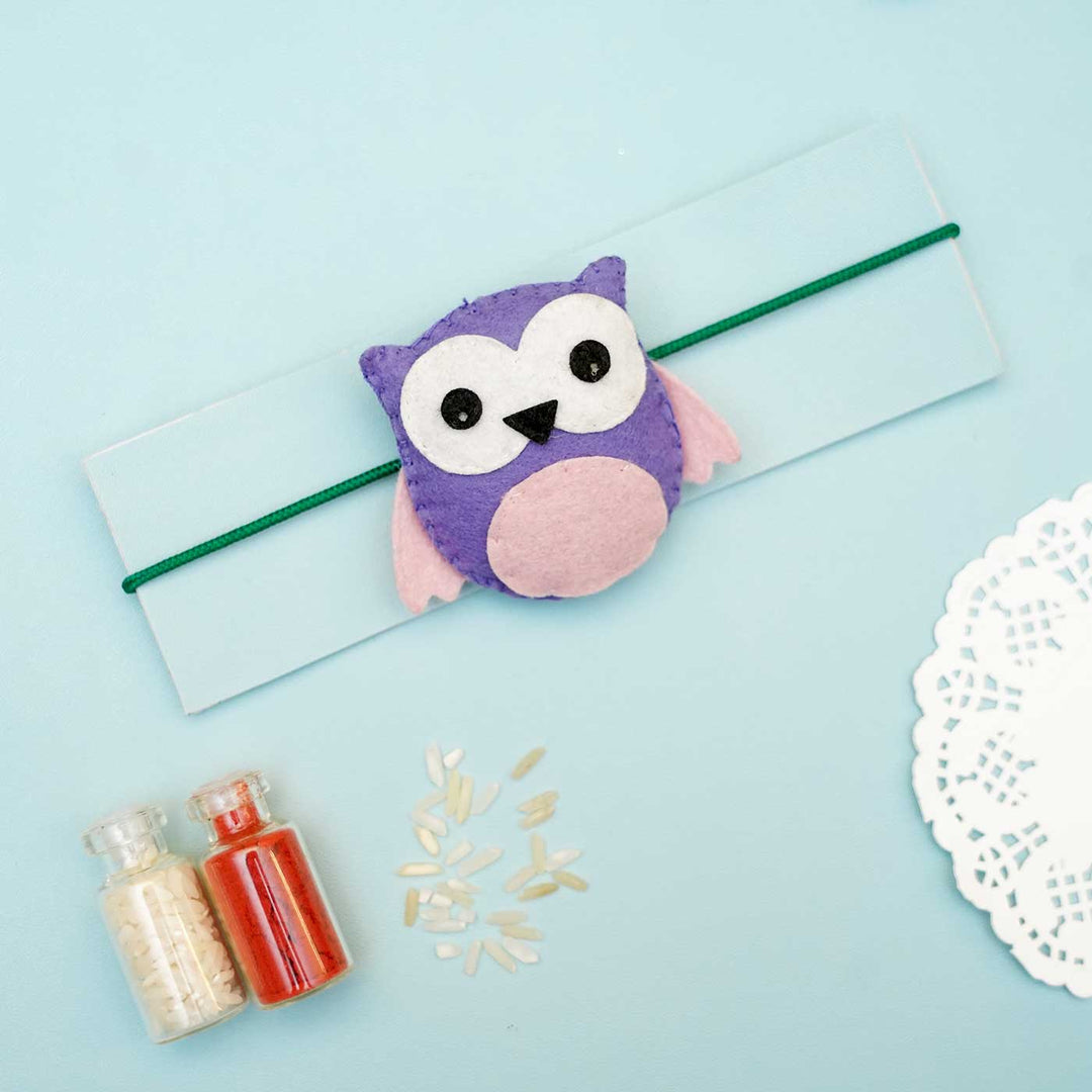 Handmade Owl Felt Kids Rakhi With Roli Chawal