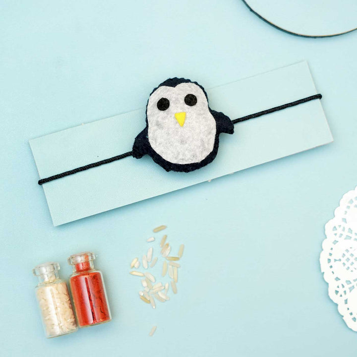 Handmade Penguin Felt Kids Rakhi With Roli Chawal