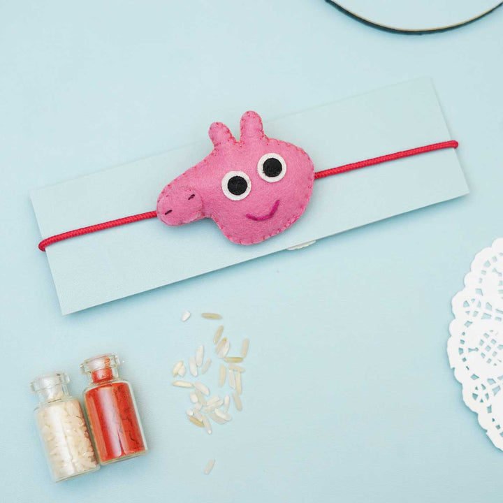 Handmade Peppa Pig Felt Kids Rakhi With Roli Chawal