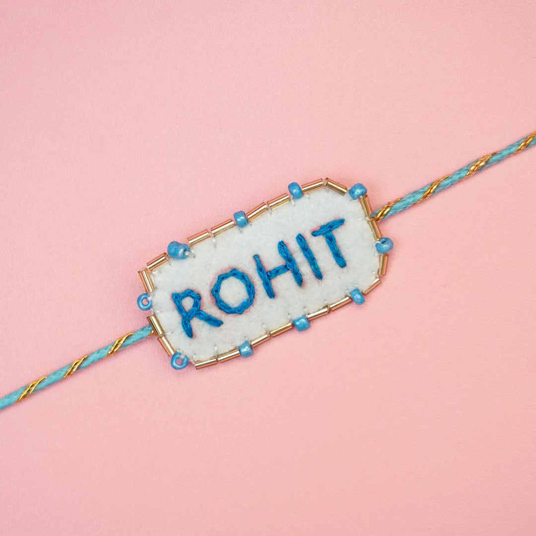 Personalized Handmade Blue Rectangle Felt Rakhi With Roli Chawal