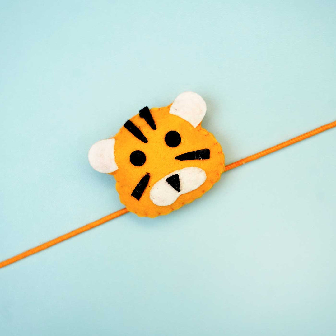 Handmade Tiger Felt Kids Rakhi With Roli Chawal