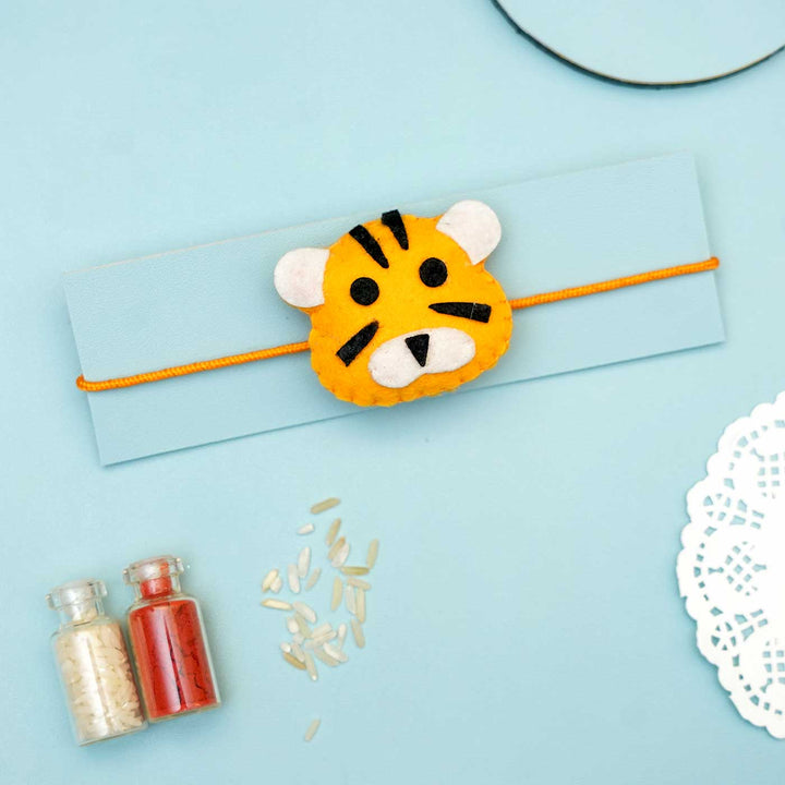 Handmade Tiger Felt Kids Rakhi With Roli Chawal