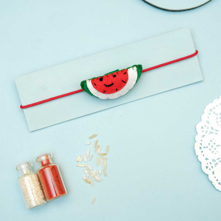 Handmade Watermelon Felt Kids Rakhi With Roli Chawal