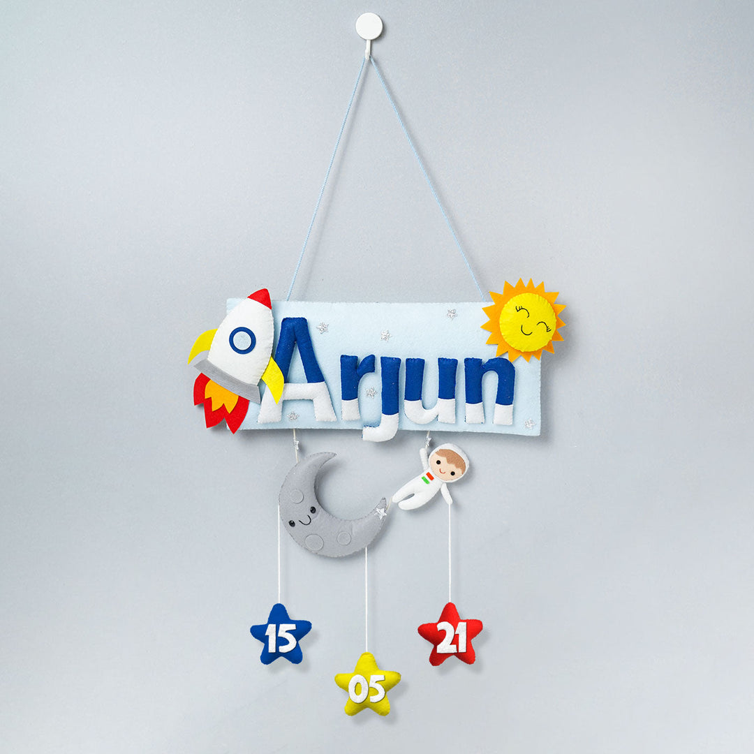 Handcrafted Space Themed Rectangle Felt Name Plate for Kids