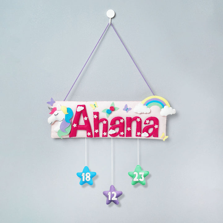 Handcrafted Unicorn Themed Rectangle Felt Name Plate for Kids