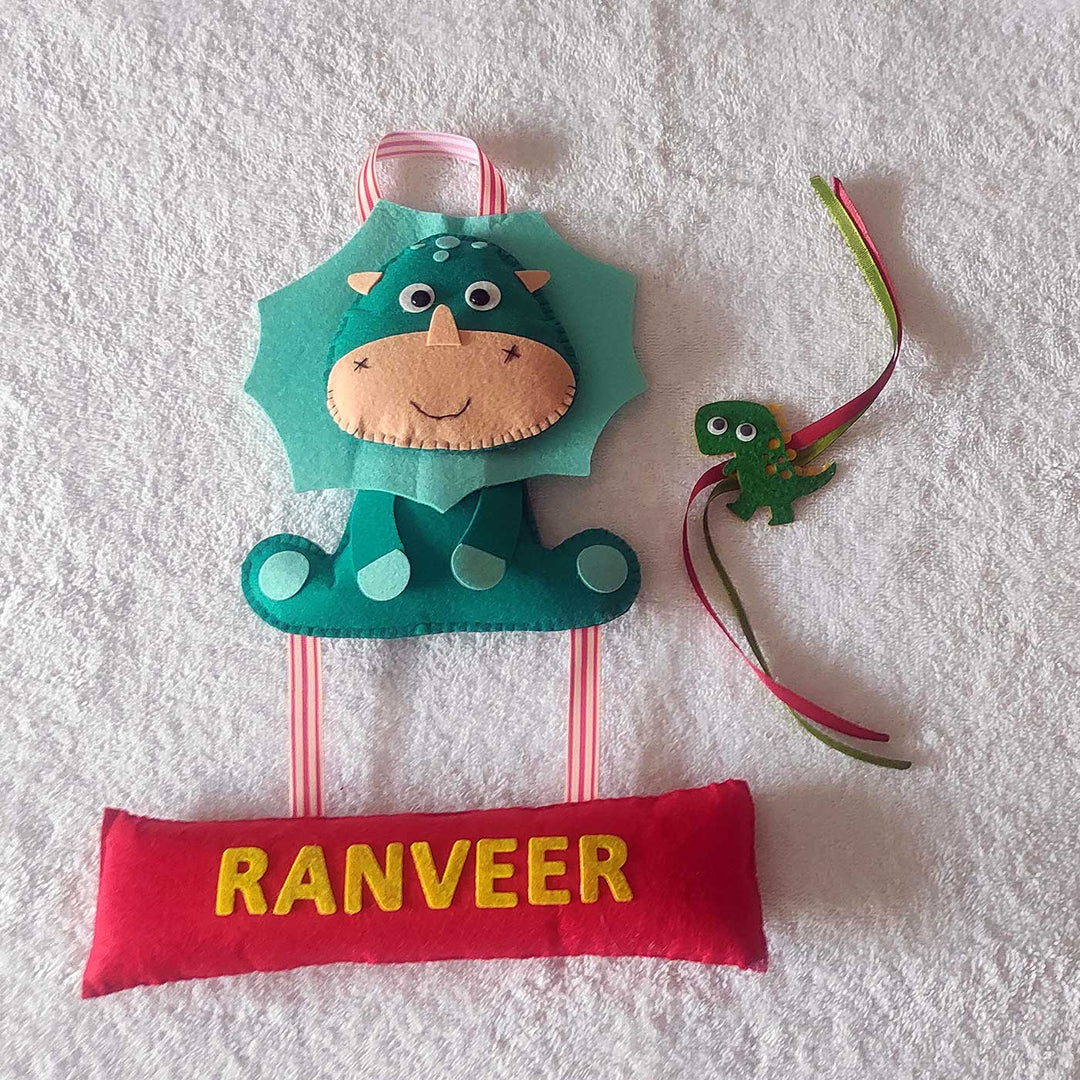 Personalized Handmade Dinosaur Theme Felt Kids Rakhi & Name Plate Combo For Brother | Set of 2