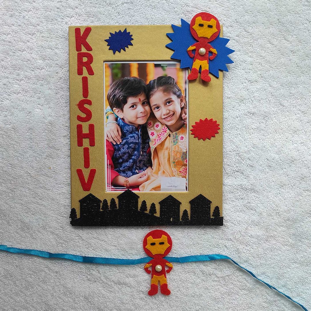 Personalized Handmade Iron Man Theme Felt Kids Rakhi & Photo Frame Combo For Brother | Set of 2