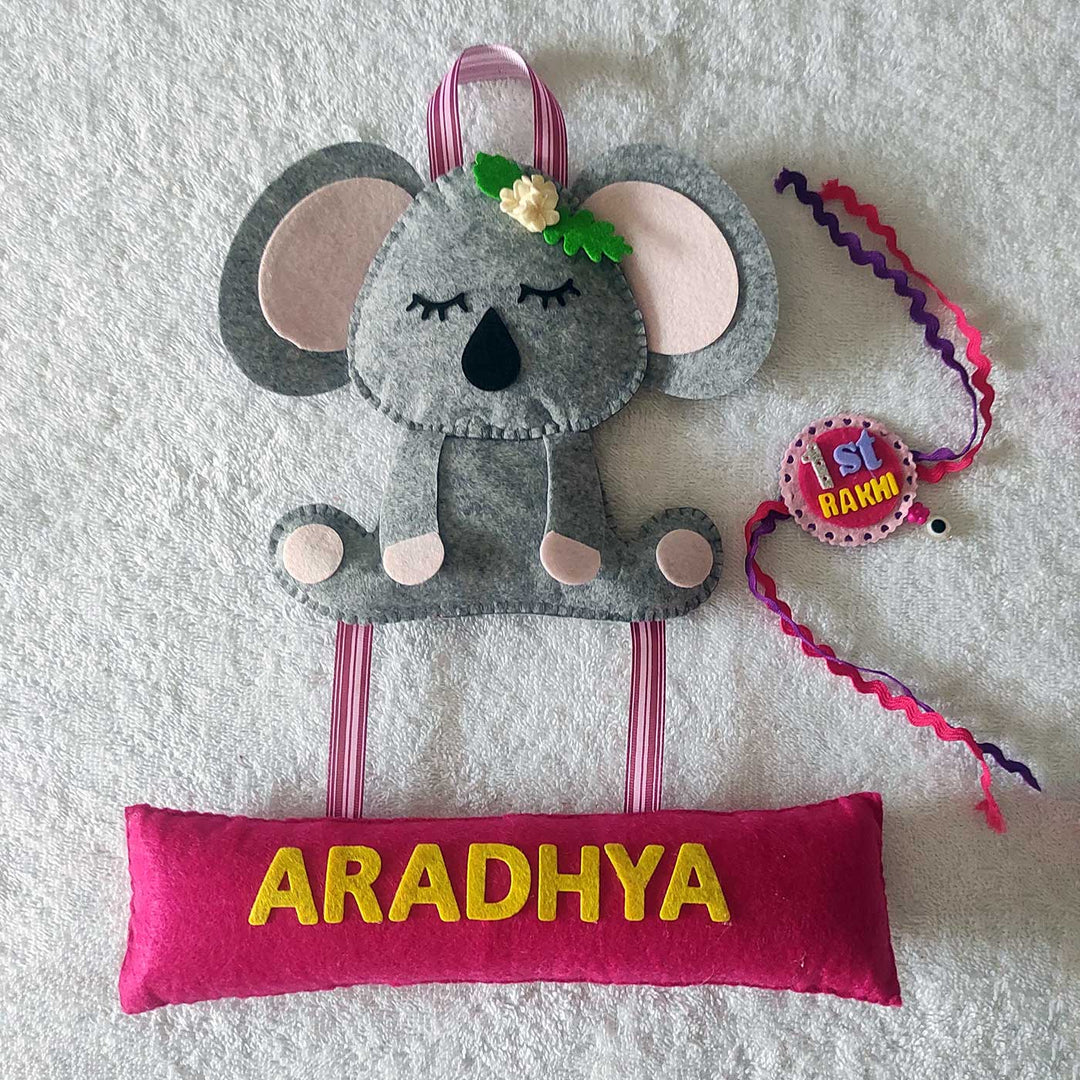 Personalized Handmade Koala Theme Felt Kids Rakhi & Name Plate Combo For Newborns | Set of 2